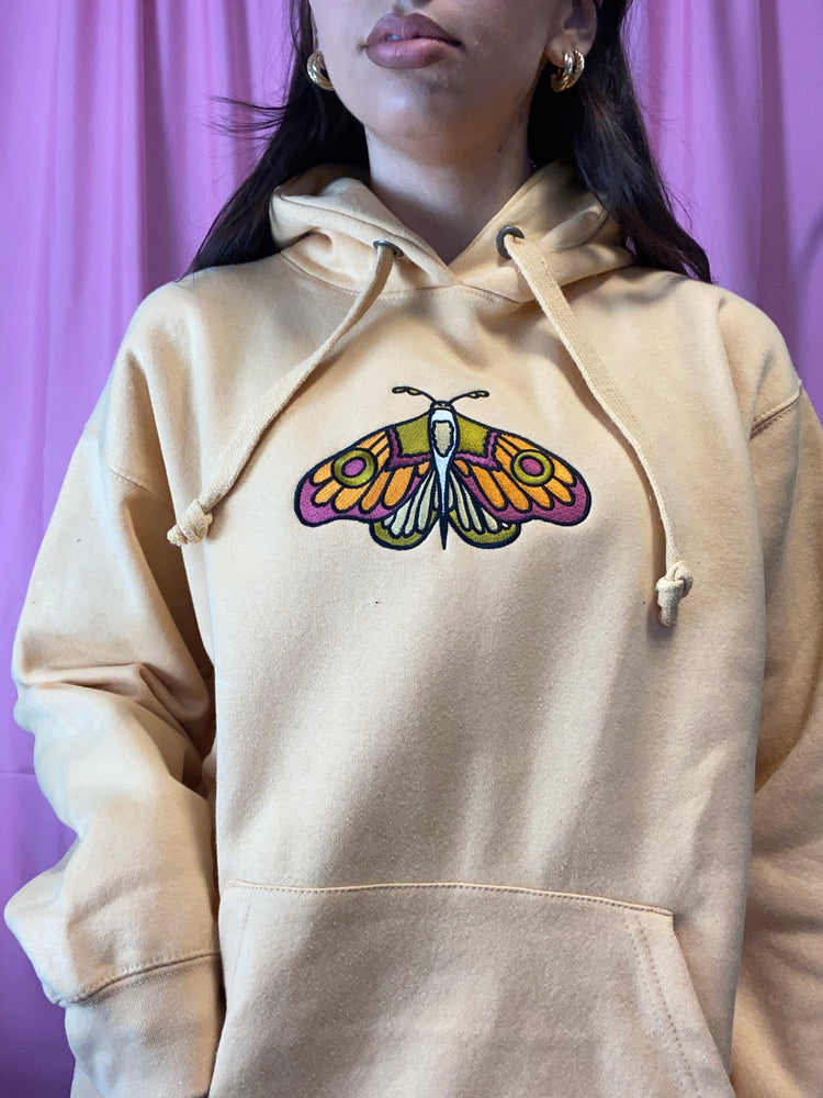 Pastel Yellow Moth Embroidered Hoodie