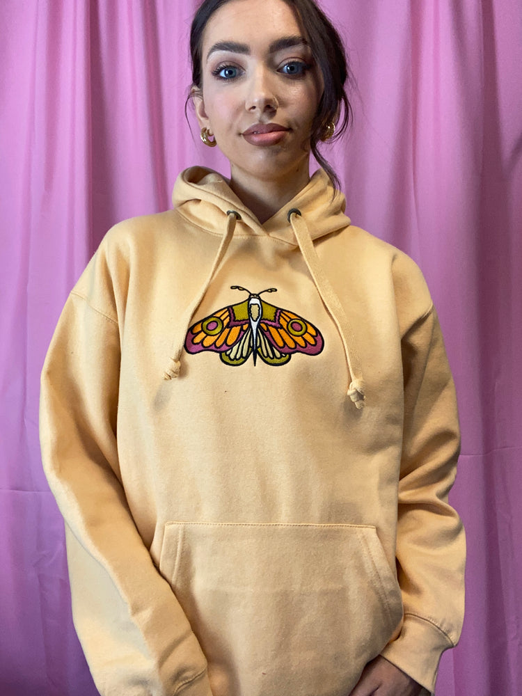 Pastel Yellow Moth Embroidered Hoodie